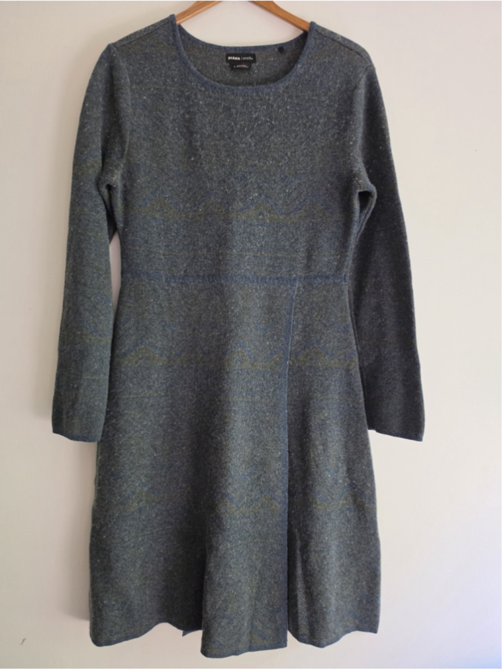 prAna Cascadence Sweater Dress Large L Dark Sky Intarsia Blue Green Wool Blend